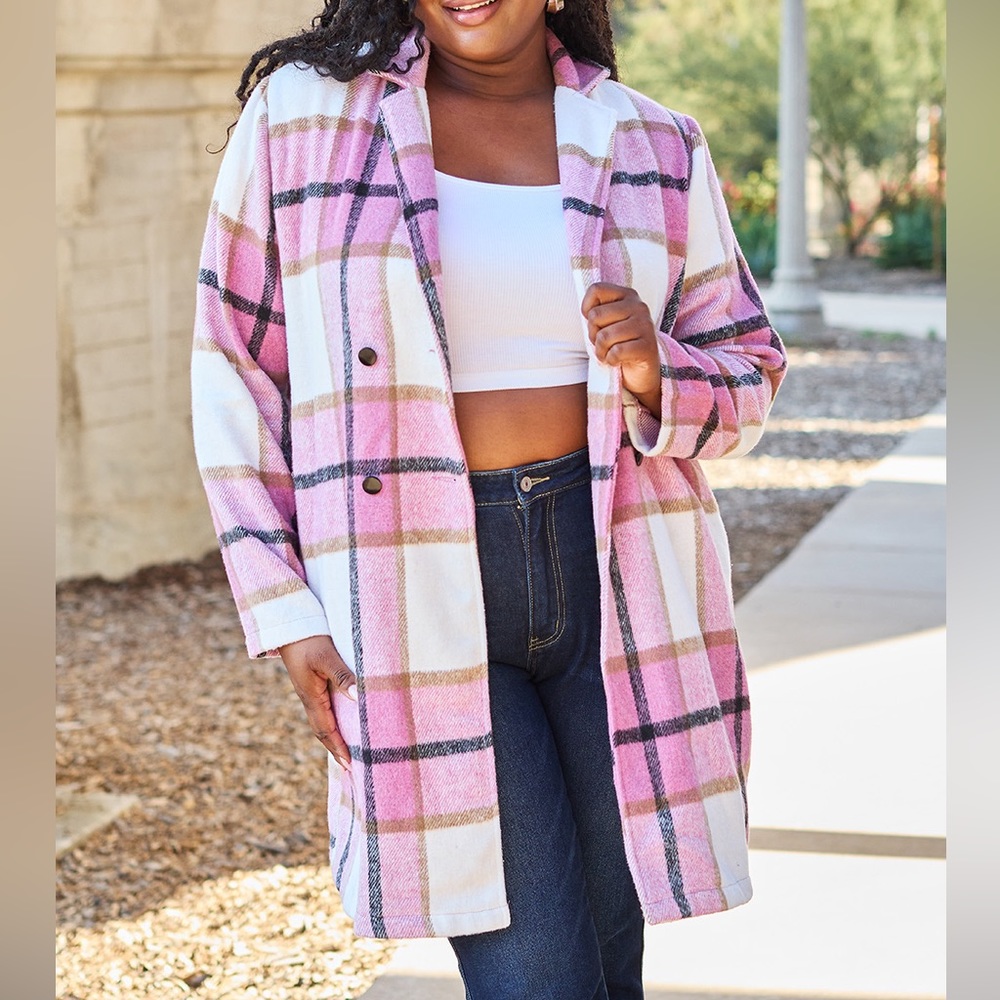 NEW Double Take PLUS + REG Size Pink Plaid Button Up Notched Lapel Collar Coat